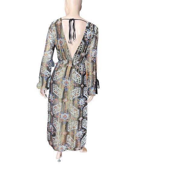 Topshop Metallic Devore Plunge Neck Skater Dress Size 4 Long Sleeves V Neckline - Picture 5 of 16